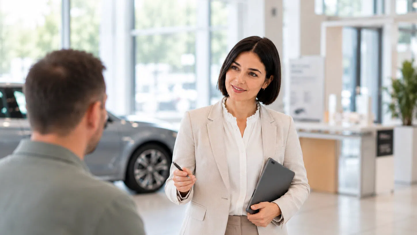 Eine Beraterin mit Tablet im Gespräch mit einem Kunden im Autohaus