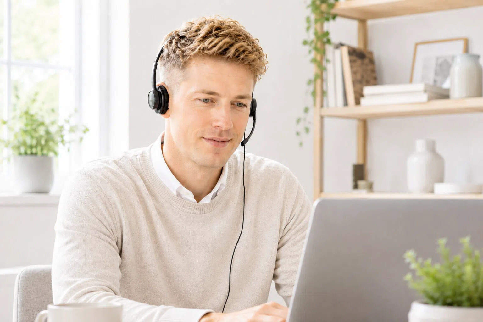 Ein Mann mit Headset am Laptop im Homeoffice